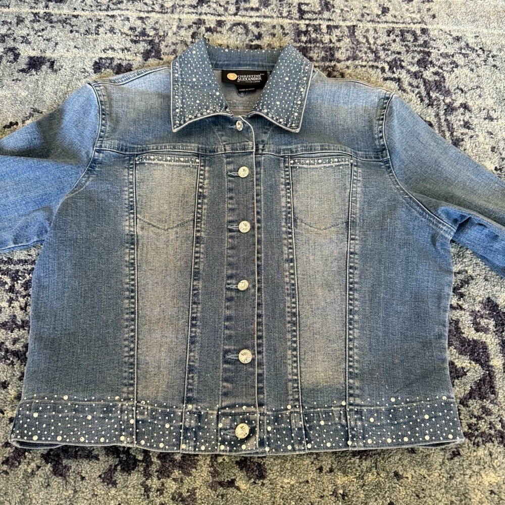 Y2K Christine Alexander Bedazzled Cropped Medium Wash Denim Jacket Size Small - Picture 3 of 7